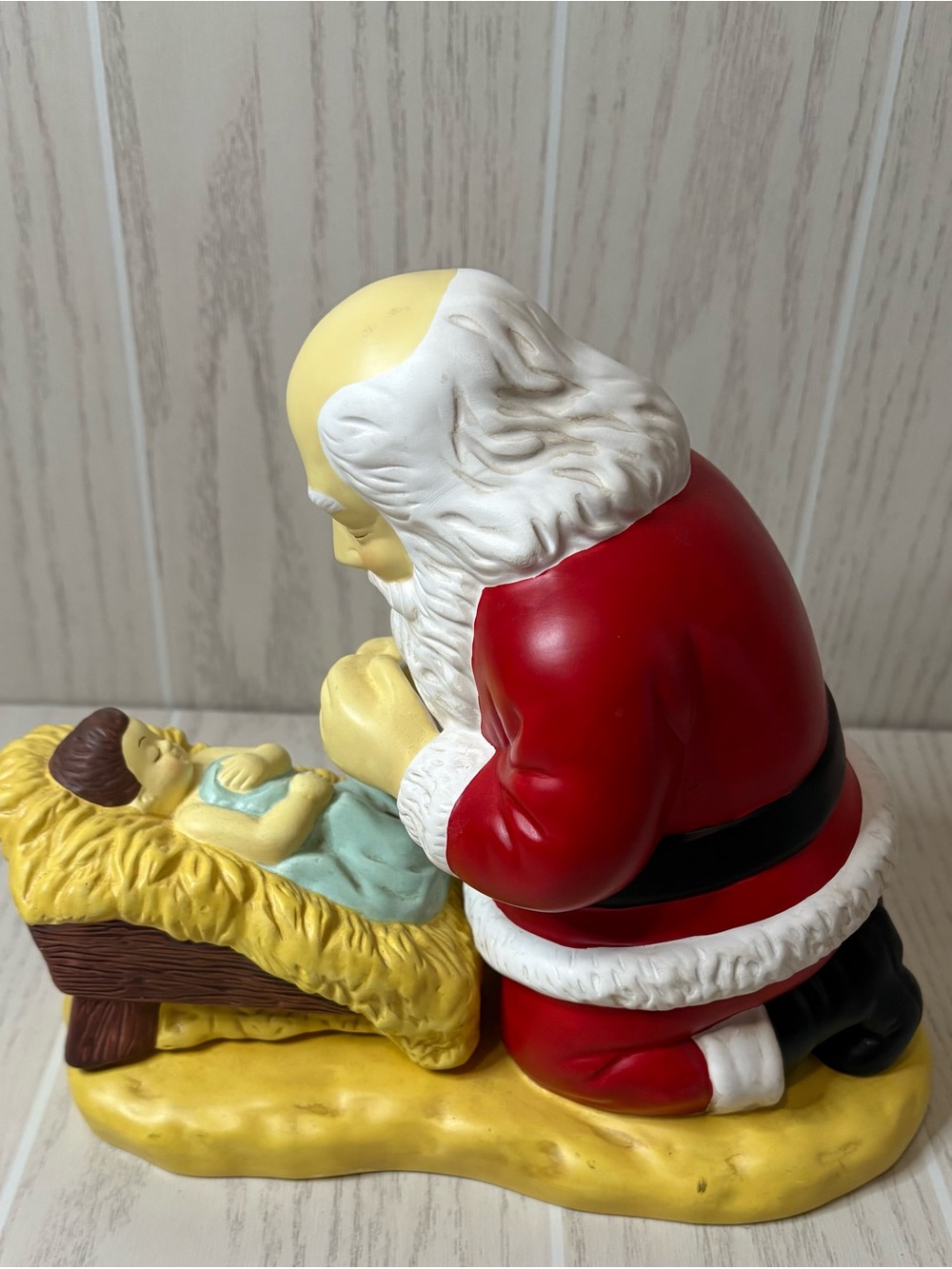 Vintage Christmas Music Box Santa Kneeling With Jesus Nativity 9 inch